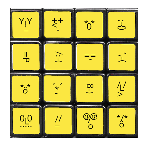 An animation of a yellow Rubik's cube. The small cubes are collaged with smileys. Each cube has a different smiley. When the cube is in motion the smileys change their expressions.