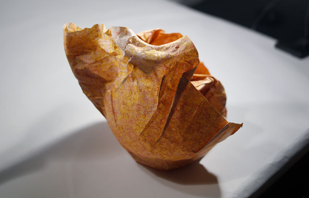Vase made of paper and hands printed onto the paper